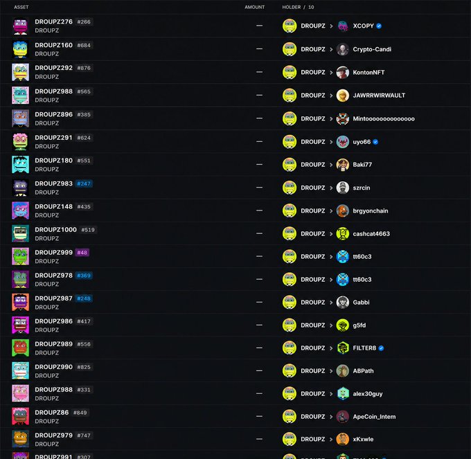 A transaction or trading interface listing various 'DROUPZ' NFT assets along with their holder usernames and amounts.