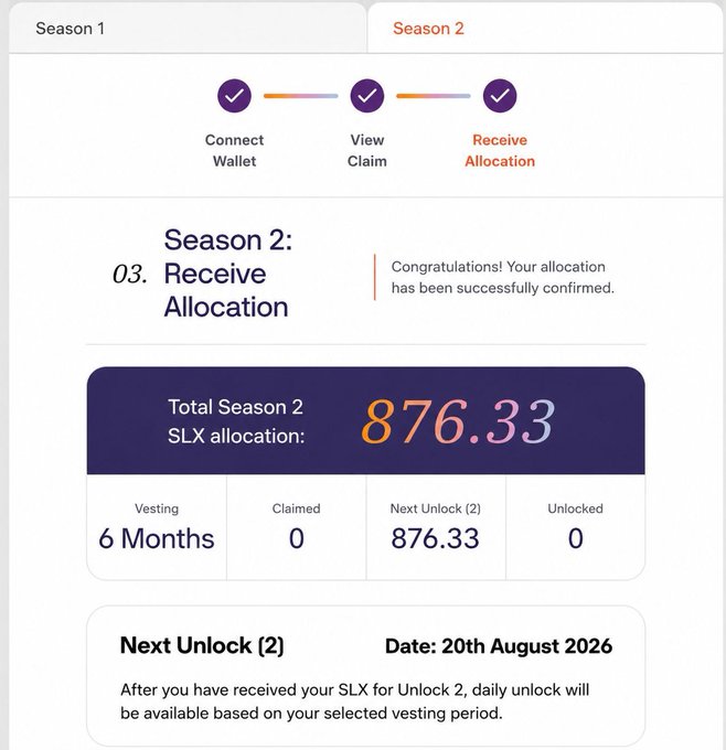 A screenshot from the Solstice Finance Season 2 airdrop claim page showing a confirmed allocation of 876.33 $SLX with a 6-month vesting period, where 0 tokens have been claimed and the next unlock of 876.33 is scheduled for 20th August 2026.