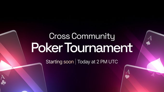 A purple promotional graphic for a "Cross Community Poker Tournament Starting soon | Today at 2 PM UTC" with stylized playing cards.