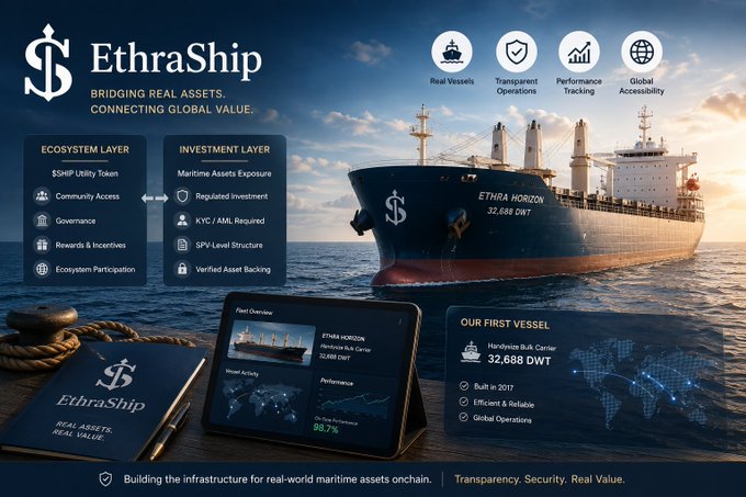A promotional graphic for 'EthraShip' features a large bulk carrier ship named 'ETHRA HORIZON' sailing on the ocean, highlighting features like real assets, ecosystem/investment layers, and vessel details alongside a tablet displaying fleet overview.