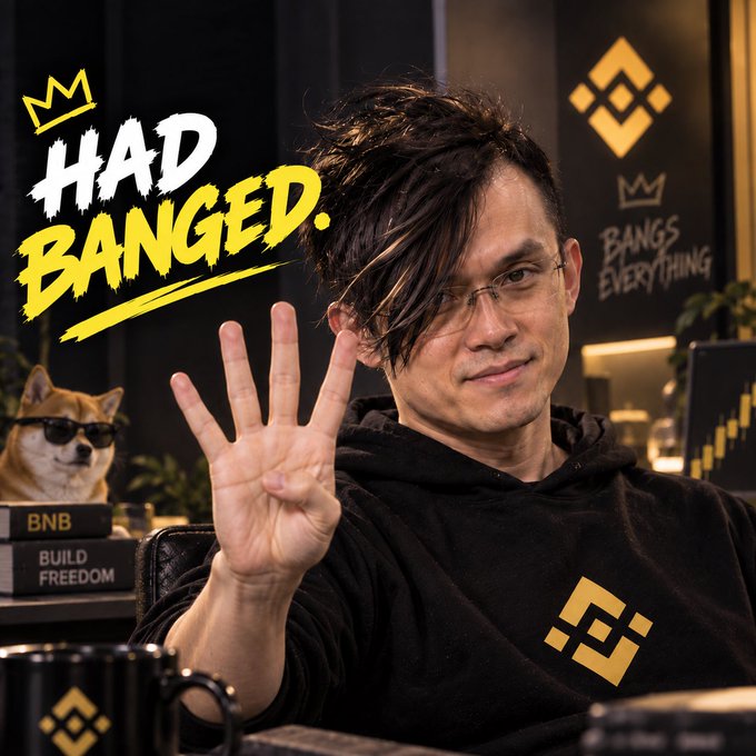 A man wearing a black hoodie with a Binance logo shows four fingers to the camera, with text 'HAD BANGED' and 'BANGS EVERYTHING!' alongside BNB-related 'BUILD FREEDOM' branding and a Shiba Inu dog wearing sunglasses in the background.