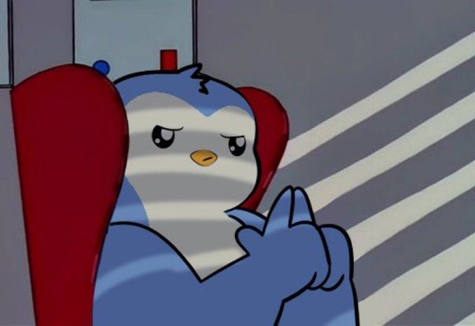 An animated penguin character sitting in a red chair with a sad expression, partially obscured by window blinds casting horizontal shadow lines.