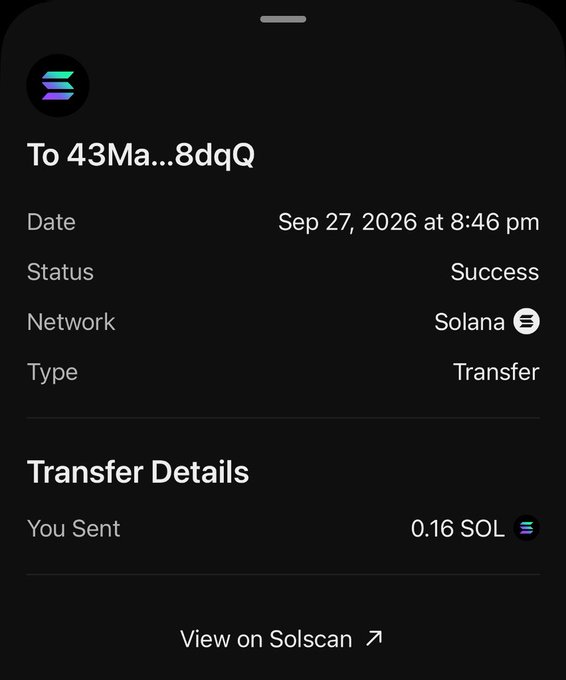 A cryptocurrency transaction confirmation screen showing a successful transfer of 0.16 SOL on the Solana network, sent on Sep 27, 2026 at 8:46 pm, with an option to view on Solscan.