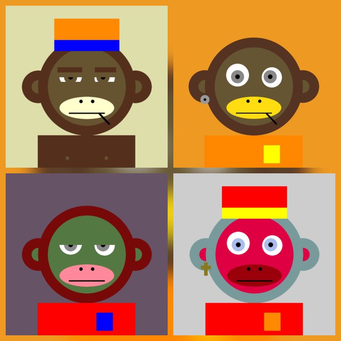 Four cartoon monkey faces arranged in a grid with different colored backgrounds, featuring varying expressions and accessories.