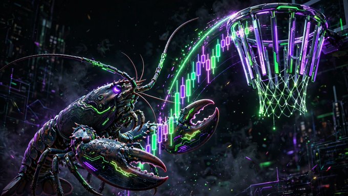 A vibrant digital artwork featuring a glowing mechanical lobster alongside a basketball hoop and neon green/purple stock chart bars against a dark cityscape background.