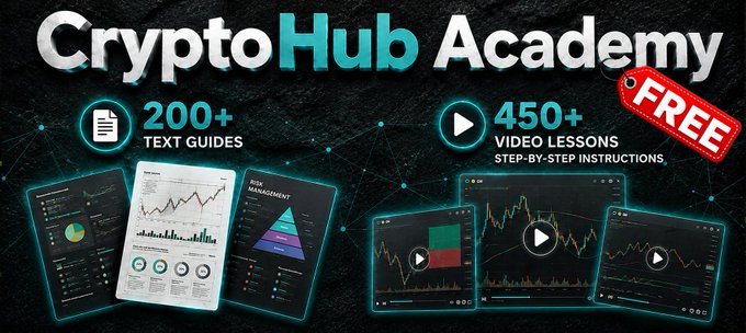 Promotional banner for CryptoHub Academy advertising a free educational platform featuring 200+ text guides and 450+ video lessons with step-by-step instructions, displayed alongside mockups of trading dashboards and chart tutorials. The image visually reinforces the post's offer of free trading education, with the prominent red "FREE" tag directly highlighting the no-cost access mentioned in the caption.