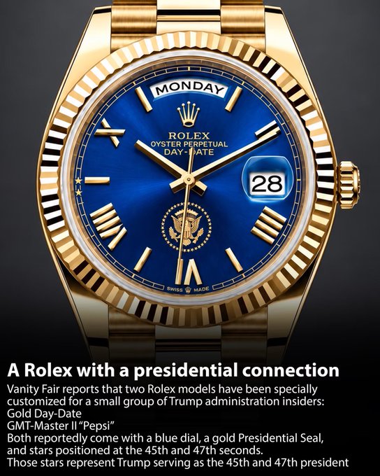A Rolex Day-Date watch with gold case and blue dial featuring the Presidential Seal, with text describing it as customized for Trump administration insiders with stars at 45 and 47 seconds.