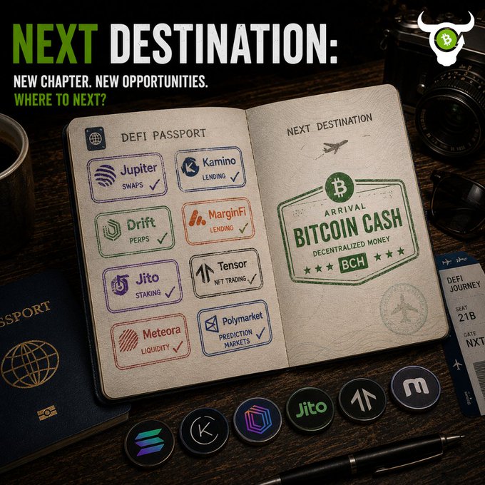 Promotional graphic titled 'NEXT DESTINATION: NEW CHAPTER. NEW OPPORTUNITIES.' styled as a passport with DeFi platform stamps (Jupiter, Kamino, Drift, MarginFi, Jito, Tensor, Meteora, Polymarket) and a Bitcoin Cash 'arrival' stamp.