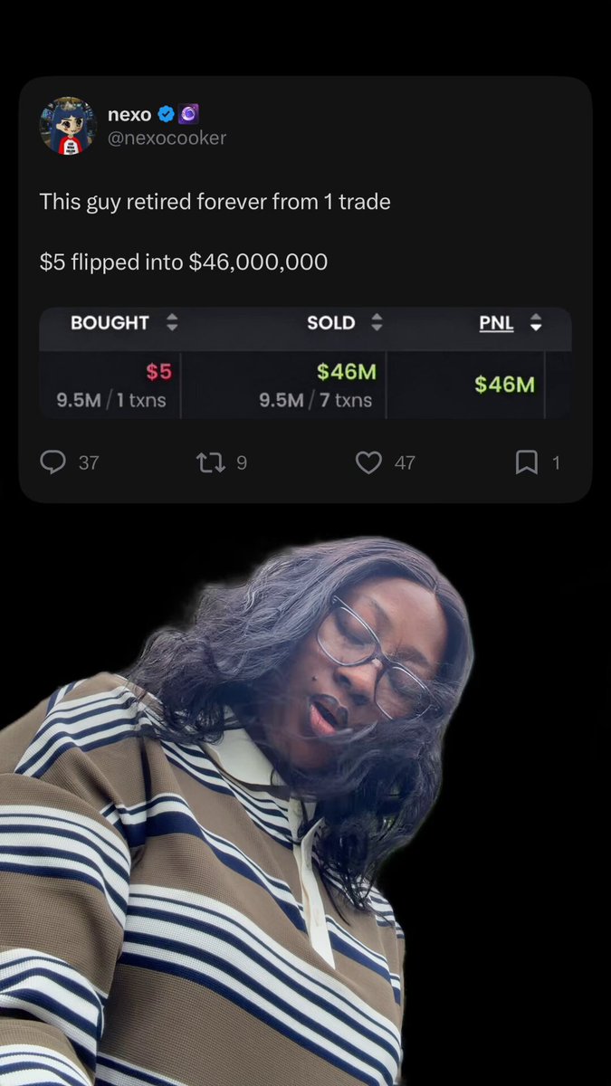 The image shows a woman with long hair wearing glasses, possibly a Twitter user who has posted about a recent trade or investment. She is dressed in a striped shirt that matches the color of the text displayed on her post. The text reads "This guy rat rod forever from I have bought $46M into it". This means she has purchased shares in a company called "I Have Buied" for $46 million, and she is now selling those shares to others.