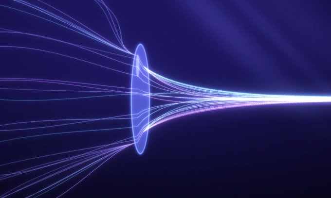 An abstract digital artwork featuring glowing blue and purple light streams converging through a circular ring against a dark background.