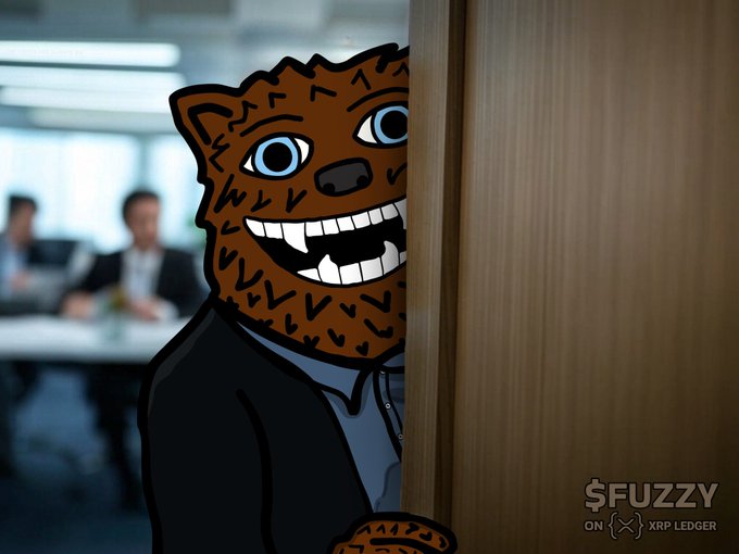 A cartoon illustration of a smiling brown furry character wearing a suit, peeking from behind a wooden door in an office setting, labeled '$FUZZY ON XRP LEDGER'.