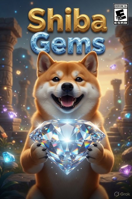 Game cover art for 'Shiba Gems' featuring a smiling Shiba Inu dog holding a large sparkling diamond, with an ESRB 'EVERYONE 10+' rating and a 'Grok' watermark visible.