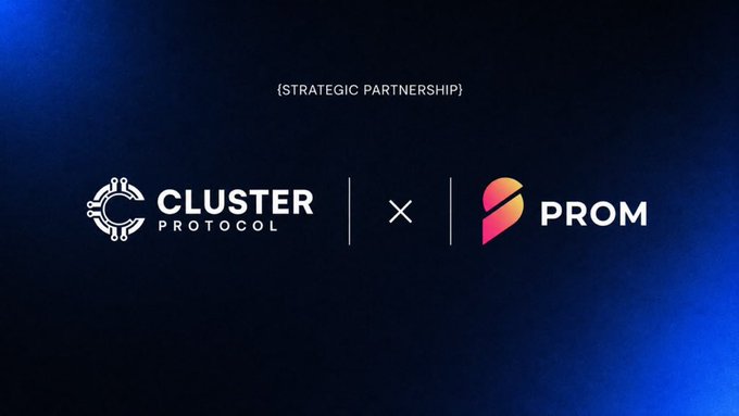 A promotional graphic announcing a strategic partnership between "CLUSTER PROTOCOL" and "PROM" logos displayed against a dark blue background.