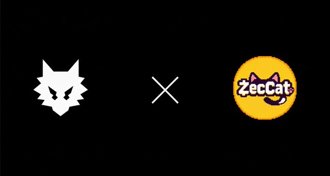 A collaboration graphic featuring a white wolf/cat head logo next to an "X" and a yellow circular logo with the text "ZecCat" featuring a purple cat.