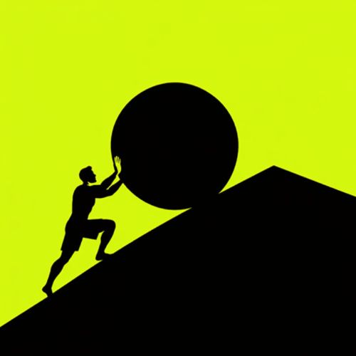A silhouetted figure pushes a large boulder up a steep incline against a bright yellow-green background, symbolizing struggle and perseverance. The image serves as a visual metaphor for the challenging yet determined effort of participating in the CAT Margin presale for the $BELIEVE token on Solana.