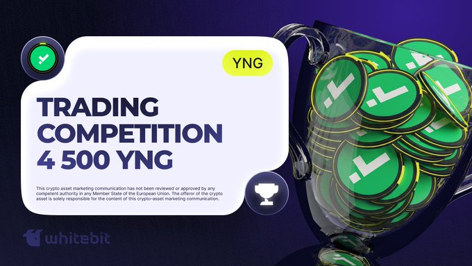 WhiteBIT's promotional banner for a trading competition featuring a $YNG/$USDC pair with a 4,500 YNG prize pool, displayed alongside a trophy filled with green YNG tokens and a disclaimer noting the offer is not approved by any EU member state authority.
