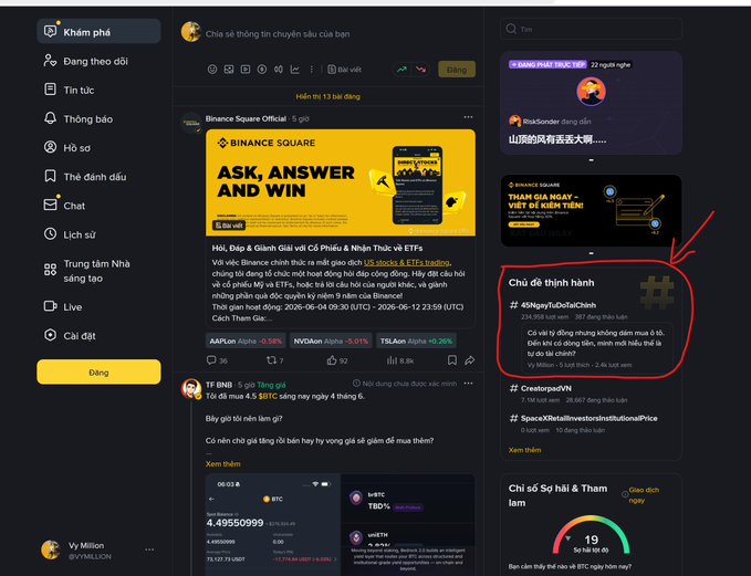 The image shows a screenshot of a social media page from Binance Square. The page has multiple posts with various types of content, such as contests, advertisements, and pictures. There are also text elements that provide information about the posts or the account itself. The main focus in the image is on the post that says "Over in Elon Musk's foreign land, it keeps flopping But back on home turf at Binance Square, it always hits the trending top like crazy, huh Hoping this time we can win the prize again, thanks @binance_vietnam for continuously hosting contests for everyone to join". The post is from a foreign location, and there are mentions of someone being "in Elon Musk's" or "@binance_vietnam", suggesting that it might be related to a contest held by Binance Square in collaboration with someone from another country.