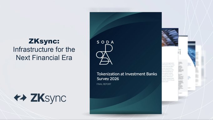 A promotional image for ZKsync titled "Infrastructure for the Next Financial Era," showing the SODA report titled "Tokenization at Investment Banks Survey 2026 Final Report."