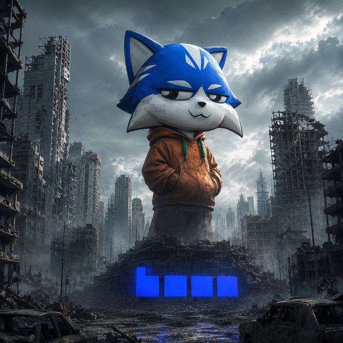 A digital artwork featuring a character with a blue Sonic-like fox head wearing an orange hoodie, standing in a ruined cityscape.