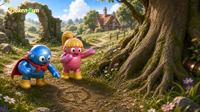 A cartoon superhero duo—a blue robot in a red cape and a pink character with a blonde ponytail—stand near a "T" symbol on a dirt path in a lush, whimsical landscape with a cottage and stone archway in the background. The "Token-Run" logo appears in the upper left corner, while a treasure chest sits by a tree, tying into the post's theme of exploration and adventure on a mapped-out journey, as promoted for the Solana-based game available on Google Play Store and tokenrun.app.
