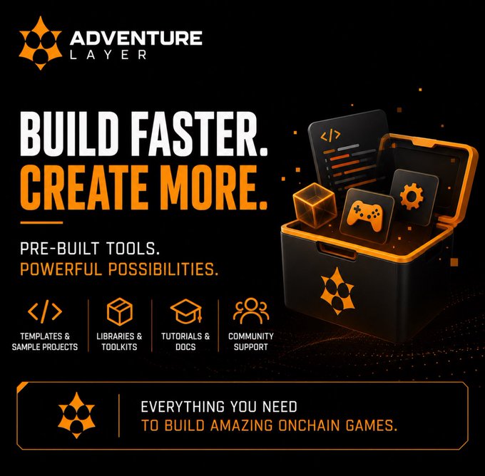 An advertisement graphic for 'ADVENTURE LAYER' features the text 'BUILD FASTER. CREATE MORE.' and 'EVERYTHING YOU NEED TO BUILD AMAZING ONCHAIN GAMES' alongside a 3D black toolbox containing code, gaming, and design icons.