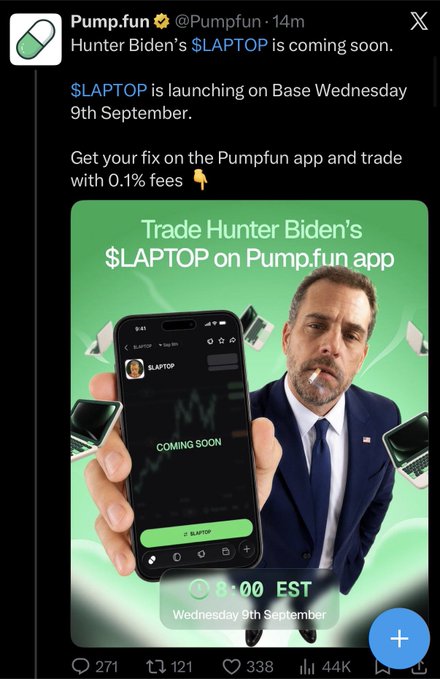 A Twitter/X post from @Pumpfun announcing Hunter Biden's $LAPTOP token launching on Base on Wednesday 9th September, featuring a promotional image.