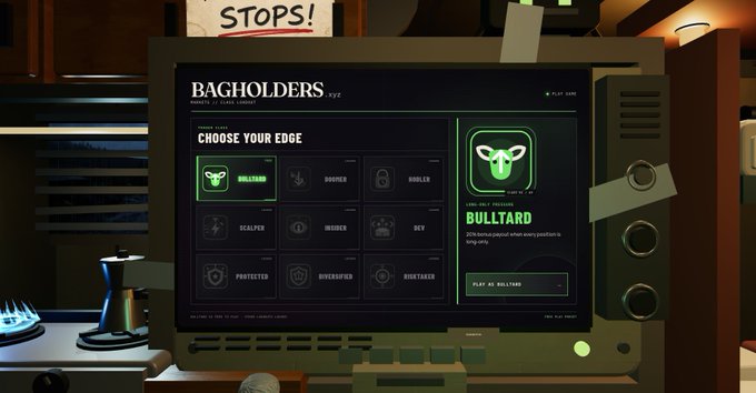 A computer monitor displays the "Bagholders.xyz" website with a "CHOOSE YOUR EDGE" menu featuring game-style classes like Bulltard, Degen, Hodler, Scalper, Insider, and more, with Bulltard highlighted as selected. The image directly corresponds to the post's announcement of the new Bagholders.xyz crypto game launching on Robinhood L2.