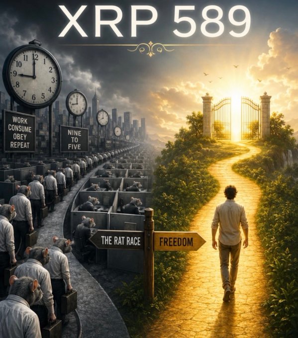 The image, titled "XRP 589," depicts a powerful contrast between two paths: on the left, people trapped in a grey, clock-driven "rat race" with signs reading "Work, Consume, Obey, Repeat" and "Nine to Five," while on the right, a man walks alone down a golden path toward an open gate labeled "Freedom." This aligns with the post's optimistic XRP weekend outlook, symbolizing crypto and the CLARITY Act as a potential escape from financial drudgery toward a brighter, freer future for the #XRP community.