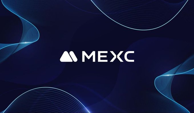 A dark blue promotional graphic with flowing light blue wave patterns displaying the white MEXC cryptocurrency exchange logo in the center.