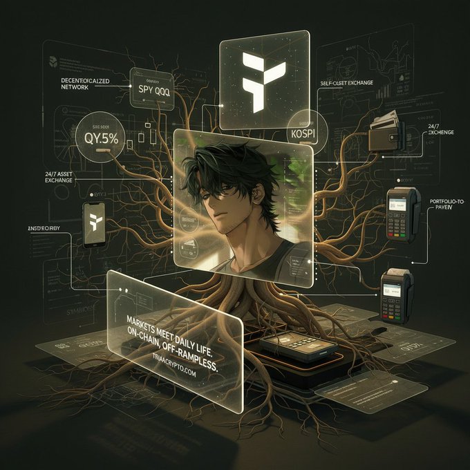 The image shows a 3D rendering of a tree with roots, branches, and a face carved into its trunk. It features elements that appear to be connected to cryptocurrency and payments, such as the use of virtual currency for transactions at market exchanges or the application of blockchain technology in various industries. One of these applications is the trading of SPY on-chain 24/7 via wallet services. This visual representation seems to encapsulate a technological shift that has simplified daily life across multiple sectors by integrating financial solutions and payments within a self-custody digital wallet, fostering greater connectivity and ease of use in transactions.