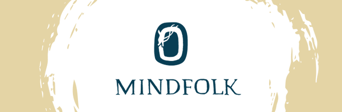 A logo for 'MINDFOLK' featuring a dark teal icon resembling a stone or mask with a feather, set against a cream background with brushstroke edges.