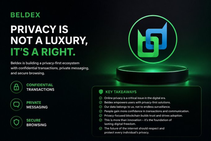 Promotional graphic for BELDEX with the headline 'PRIVACY IS NOT A LUXURY, IT'S A RIGHT,' highlighting features like confidential transactions, private messaging, and secure browsing.