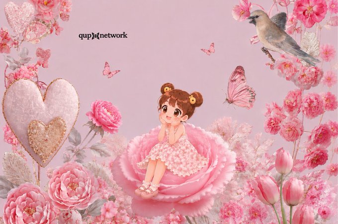 The image features a pink background with a cartoon girl sitting on top of a flower, surrounded by pink flowers and butterflies. The girl appears to be wearing a dress and has her hair styled in pigtails. In the bottom right corner of the image, there is text that reads "quip network". This suggests that the image might have been created or edited for a social media platform like Instagram or Facebook, where users often share images with captions or descriptions about their experiences. The post could be promoting a product or service related to flowers and nature, as it features pink flowers and butterflies in an artistic and visually appealing manner.