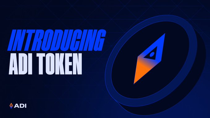 A promotional graphic with a dark blue background announcing "INTRODUCING ADI TOKEN" in bold text, alongside a stylized orange and blue coin/token icon and the ADI logo, supporting a post about the ADI Chain ecosystem and its prediction market partner ADI PredictStreet.