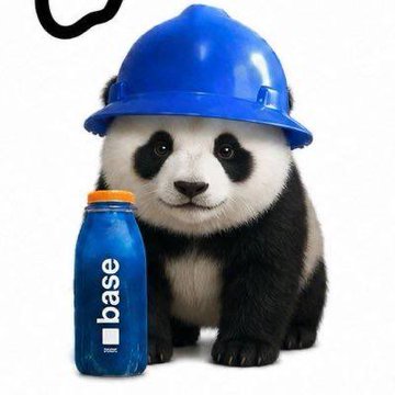 The image shows a panda cub wearing a blue construction hard hat next to a blue bottle labeled "base," playfully tying into the announcement about Jesse Pollak, a Base developer, engaging with the official $PANDA X account. The image likely symbolizes the meme coin's connection to the Base blockchain ecosystem, using the cute panda mascot wearing a "builder's" hard hat to represent the project.