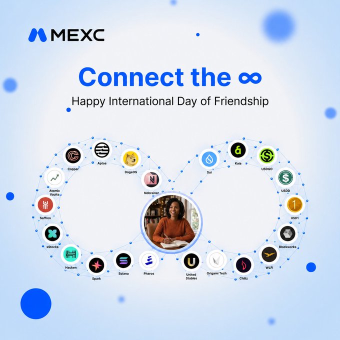 A MEXC promotional graphic for International Day of Friendship featuring an infinity symbol made of cryptocurrency logos (including Aptos, DogeOS, Sui, USDT, Solana, and others) surrounding a central portrait.