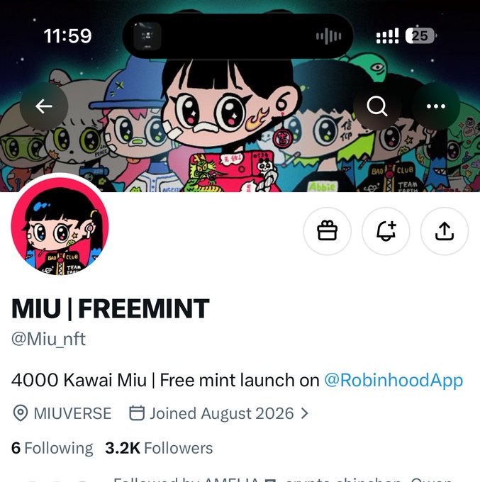 X/Twitter profile for 'MIU | FREEMINT' (@Miu_nft) with colorful kawaii-style anime character artwork, promoting 4000 Kawaii Miu free mint launch on @RobinhoodApp, showing 3.2K followers.