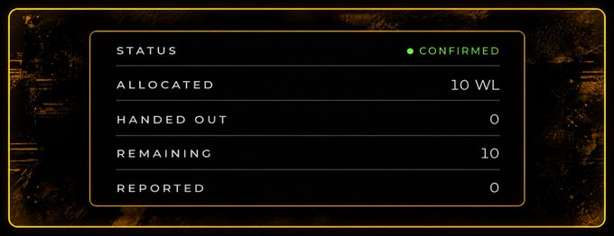 A dark-themed digital interface panel with yellow borders displaying STATUS: CONFIRMED, with fields showing ALLOCATED: 10 WL, HANDED OUT: 0, REMAINING: 10, and REPORTED: 0.