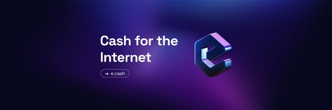 This image displays the text "Cash for the Internet" alongside the eCash logo and the website address "e.cash". The image visually represents the eCash project as highlighted in the accompanying post.