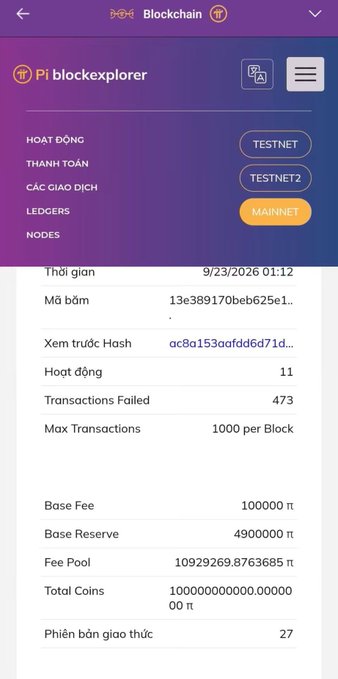 A screenshot of a 'Pi blockexplorer' blockchain app interface in Vietnamese, showing statistics including a 'Mainnet' button, 1000 transactions per block, and a base fee of 100000 π.