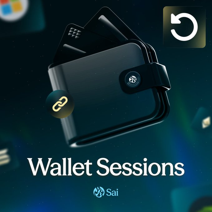A digital advertisement or app icon features a black wallet with cards, accompanied by a link icon, a refresh symbol, and the text 'Wallet Sessions' along with a 'Sai' logo.