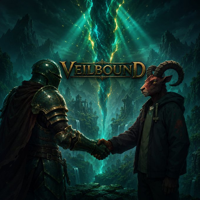 The image features two men shaking hands, one wearing armor and the other a hoodie. The scene takes place in front of a waterfall with mountains in the background. The title "Veilbound" is displayed above them, indicating that they are playing a video game called Veilbound.