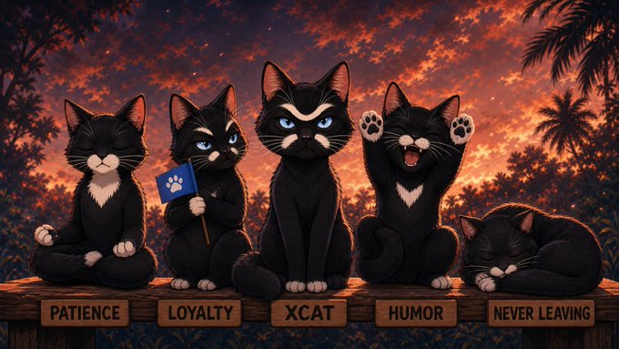 An illustration of five black cats sitting on wooden platforms labeled 'PATIENCE', 'LOYALTY', 'XCAT', 'HUMOR', and 'NEVER LEAVING' against a dramatic sunset sky.