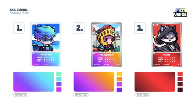 Three SFS cards from Picoverse featuring character art: 'The Soul Guy' (botana special), 'The Guardian' (sfs: the heroes), and 'Fenir' (sfs: the villains), each with color palettes displayed below.