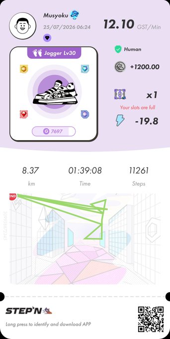 A screenshot of the STEP'N app showing a user's profile named 'Musyoku' with a 'Jogger Lv30' sneaker NFT, displaying a distance of 8.37 km and 11261 steps.