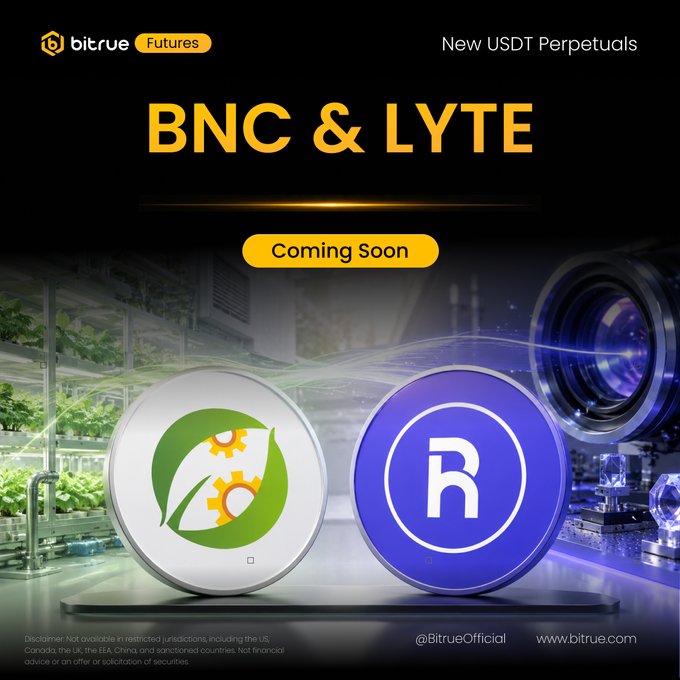 A promotional banner for Bitrue Futures announcing the upcoming launch of new USDT perpetual trading pairs, $BNCUSDT and $LYTEUSDT, featuring the platforms' circular logos against a futuristic background with a "Coming Soon" tag.