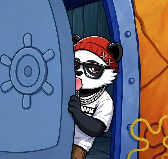A cartoon panda wearing a red beanie, sunglasses, and a chain necklace peeks out from behind a blue vault door with a ship's wheel design, wearing a white t-shirt that reads "APPIE." The image relates to the post's theme of weekend hustle and grind, depicting the panda as a stealthy, cool character actively "working" even on weekends.