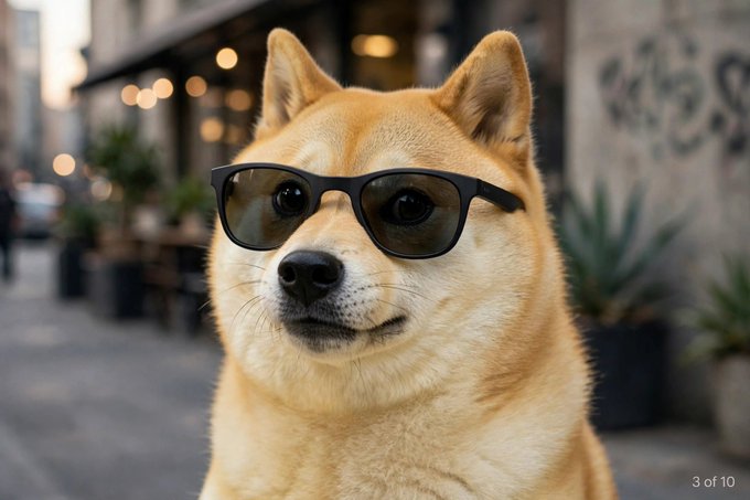 A close-up portrait of a Shiba Inu dog wearing black sunglasses, set against a blurred urban street background.