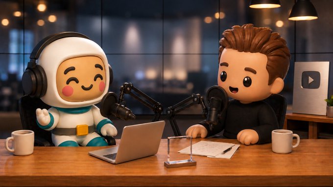 A 3D cartoon illustration of a smiling boy and an astronaut figurine sitting at a desk with microphones, a laptop, and a YouTube play button plaque in a studio setting.