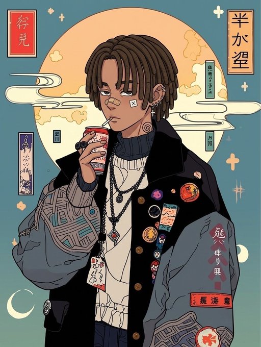 An anime-style illustration of a young man with dreadlocks drinking from a can, adorned with badges and jewelry, with Japanese characters and a large moon in the background.